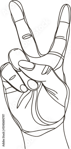 Victory hand sign line drawing in minimal sketch style. Two fingers raised to symbolize peace or win gesture. Perfect for icons, tattoos, posters, and minimalist graphic design.