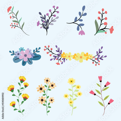 A collection of spring and summer hand-drawn flowers, springtime blooms, floral arrangements, and delicate blossoms.