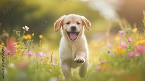 Happy Golden Retriever Puppy Running Through Colorful Meadow Flowers