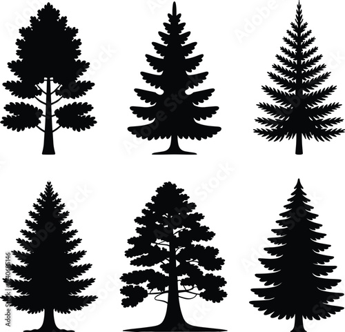 Black silhouette pine tree set on white background vector illustration