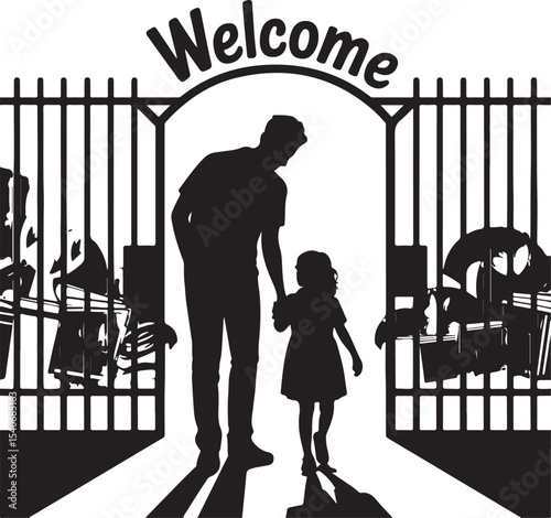 Parent Dropping Off Kid at School Gate vector illustration