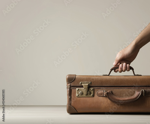 Hand holds a vintage leather suitcase on a plain surface for travel preparation
