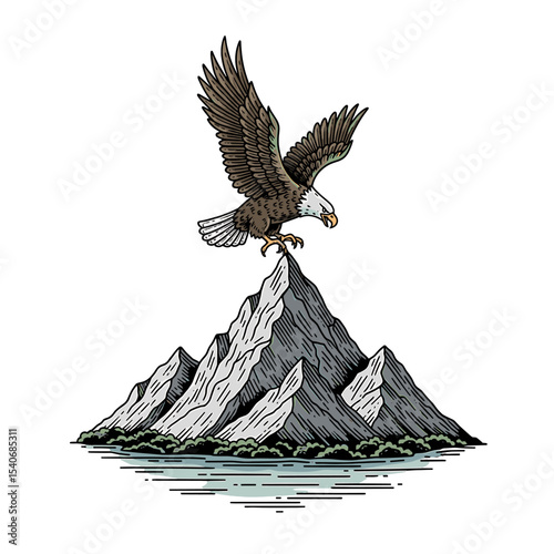 Majestic eagle descending onto a snow-capped mountain peak.
