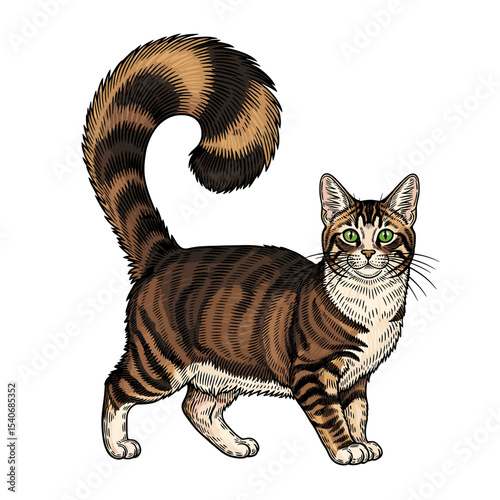 A charming tabby cat with a magnificent, curled tail stands proudly, showcasing its striking coat pattern.