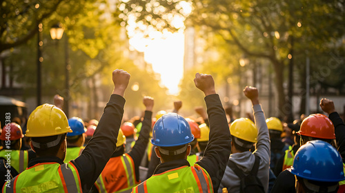 
A diverse crowd of workers in hard hats and high-visibility vests raise their fists in protest or solidarity, silhouetted against a bright, setting sun.