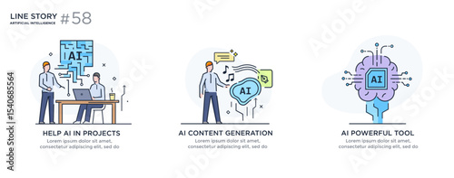 Set of illustrations artificial intelligence helps humans. technology, partnership, artificial intelligence business robot, cybes. linear illustration Icons infographics. Landing page site print