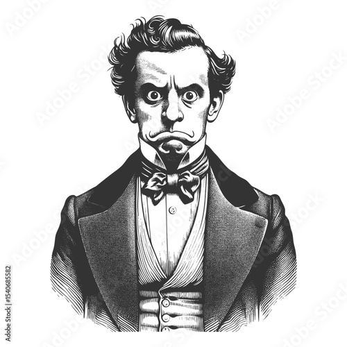 vintage man looking extremely displeased, with a dramatic frown and wide eyes sketch engraving generative ai fictional character vector illustration. Scratch board imitation. Black and white image.
