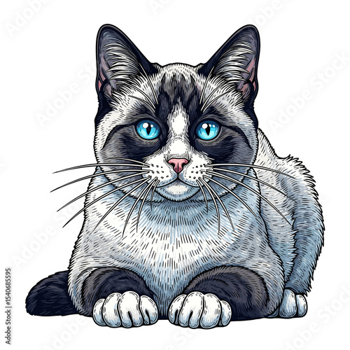 Illustration of a Snowshoe cat with blue eyes, lying down and looking directly at the viewer.