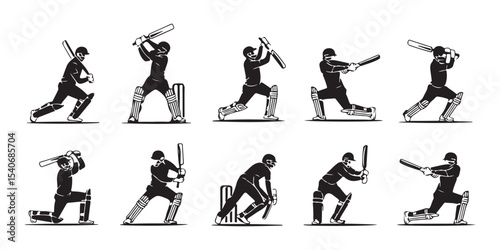 A set of black and white silhouette illustrations showcasing different cricket player actions vector art on white