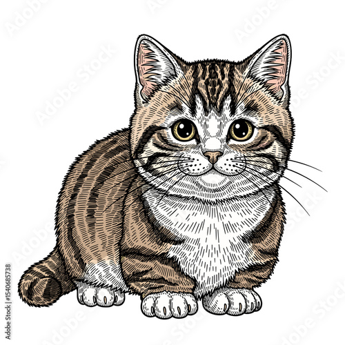 Detailed line art illustration of a cute, fluffy munchkin cat.