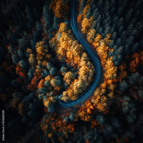 Serene Autumn Road Curving Through Vibrant Forest Landscape