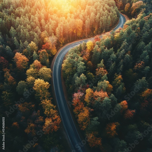 Serene Aerial View of Winding Road through Vibrant Autumn Forest