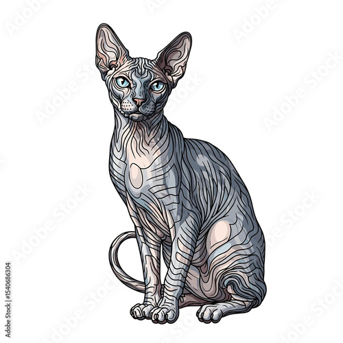 A detailed illustration of a grey Sphynx cat sitting, showcasing its unique hairless coat and striking blue eyes.