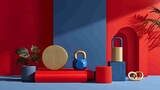 Blue and Red Minimalist Still Life with Kettlebell