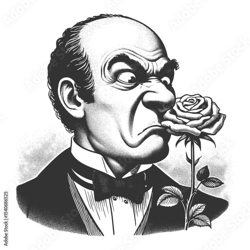 Funny serious bald man sniffing a rose with a highly skeptical and intense expression sketch engraving generative ai fictional character vector illustration. Scratch board. Black and white image.