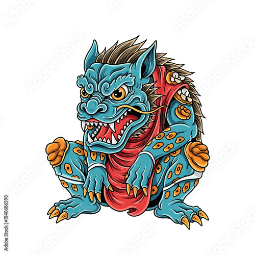 A fierce, blue mythical creature, possibly a yokai, crouches, displaying sharp claws and fangs.  It wears a red cloth.