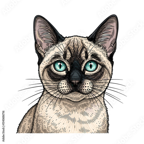 Detailed illustration of a Siamese cat with striking blue eyes, looking forward.
