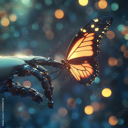 Robotic Hand Holding Colorful Butterfly with Abstract Background