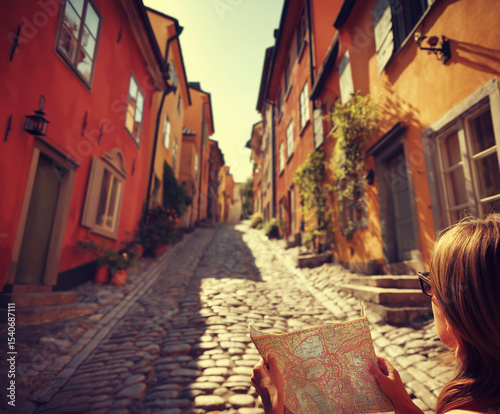 Exploring colorful cobblestone streets while reading a map on a sunny day