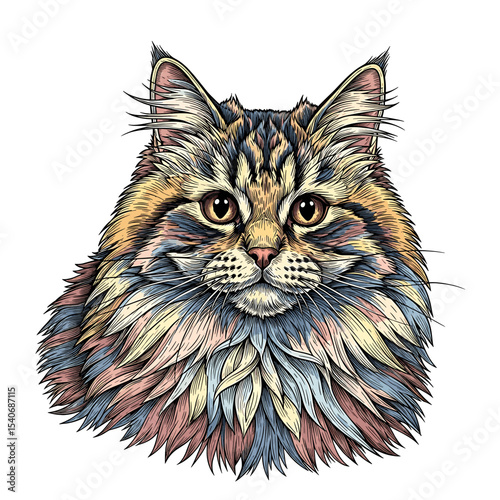 Colorful detailed vector illustration of a fluffy long-haired cat with a focused gaze, isolated on a white background.