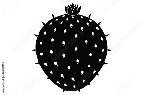 Black and White Illustration of an Oval Prickly Cactus with Flower Bloom