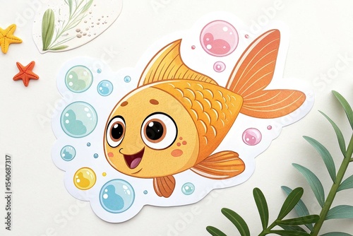 Cute golden fish sea animal cartoon sticker on white background