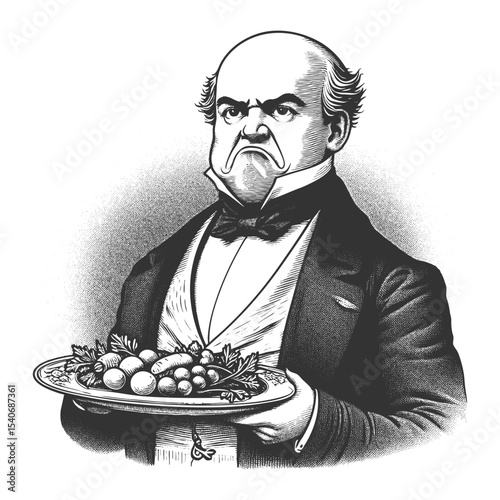 Funny angry man glaring at a plate of vegetables and fruits, expressing strong dislike or disapproval sketch engraving generative ai fictional character vector illustration. Scratch. Black and white.