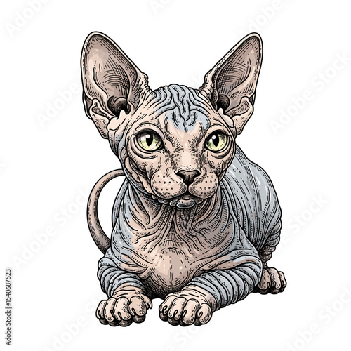 A detailed illustration of a Sphynx cat lying down, looking forward with its distinctive wrinkled skin and large ears.