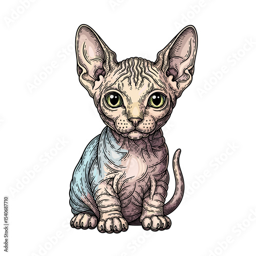 A detailed illustration of a Sphynx cat sitting and looking forward.