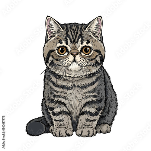 A cute, striped tabby cat sits upright, looking forward with big, round eyes.
