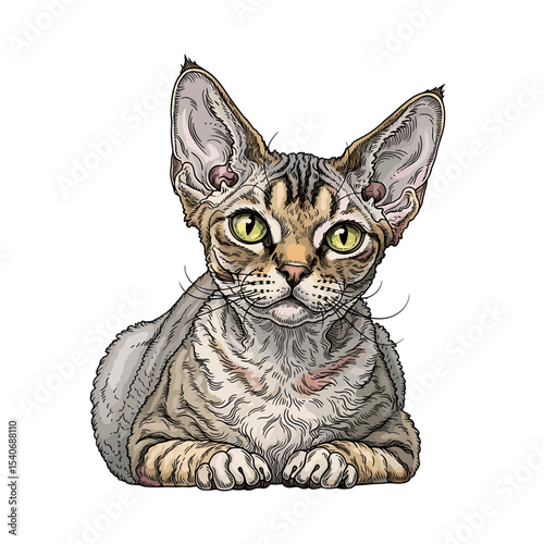 Detailed illustration of a Devon Rex cat, sitting, alert, with striking eyes and unique coat.