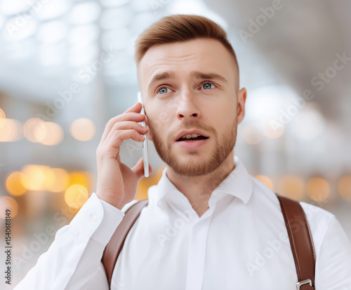 Man in white shirt talks on phone indoors in a modern building with blurred lights