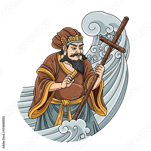 A stylized illustration depicts a figure holding a cross amidst swirling water.