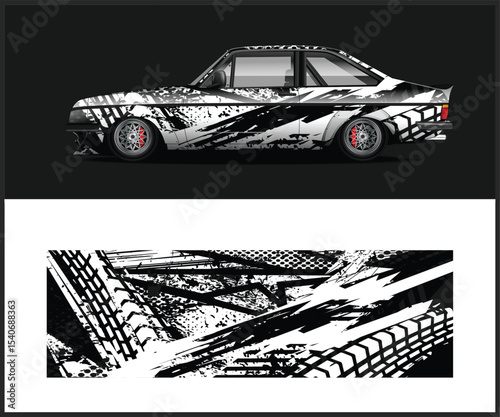 Abstract Black and White Car Wrap Design for Racing