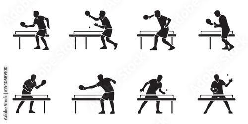 Table Tennis Players in Action Showing Dynamic Gameplay, Silhouette illustration of six table tennis players in various action shots vector art on white