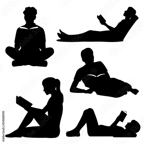 Silhouettes of people reading books in different poses
