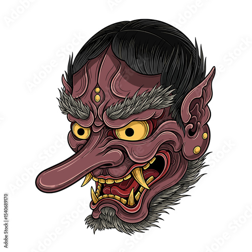 Illustration of a Tengu mask with a long nose, sharp teeth, and decorative details on a white background.