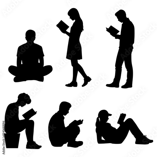 Silhouettes of people reading books in different poses