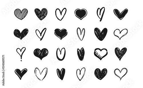heart doodle set, hand drawn illustrations of hearts, love sketches