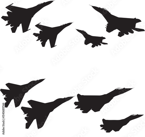 Silhouettes of Multiple Fighter Jets Flying in Formation - Military Aviation, Air Show, and Aerobatic Performance in the Sky Representing Power and Precision