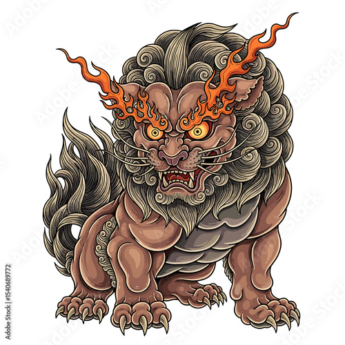 Fierce mythical Japanese Shishi lion, flames emanating from its eyes, detailed artistic rendering.