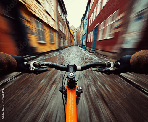 Biking through colorful streets in a bustling urban environment during a cloudy day