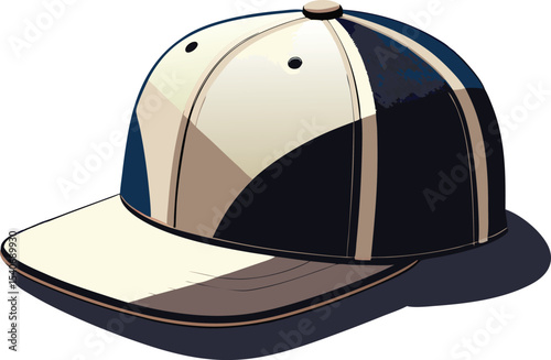 A stylish illustration of a baseball cap, featuring a cream/beige base with navy blue and taupe accents in a geometric pattern.