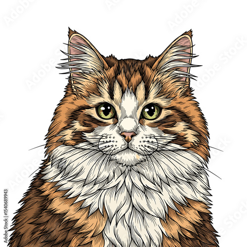 A detailed illustration of a fluffy, long-haired cat with striking, green eyes, looking directly at the viewer.