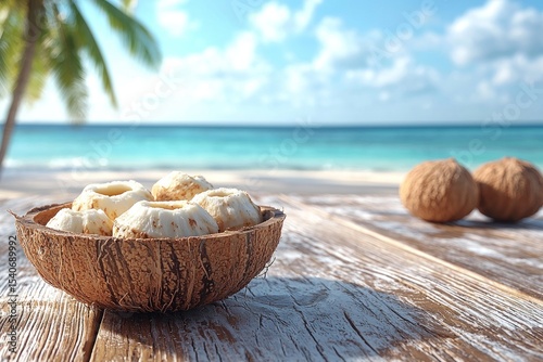Wallpaper Mural Idyllic beach scene with coconut halves filled with a creamy confection, resting on a rustic wooden surface.  The background features a picturesque ocean and palm trees Torontodigital.ca