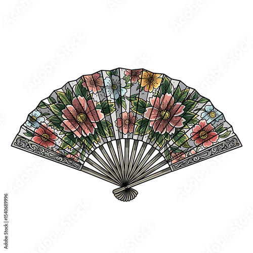 An open, decorative hand fan with floral patterns and intricate details.
