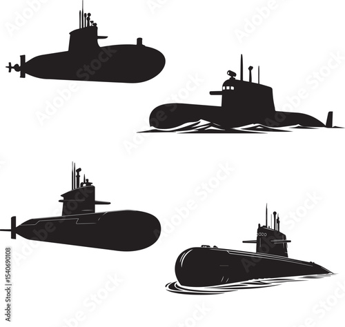 Silhouettes of Various Submarines – Underwater Military Vehicles, Naval Power, and Stealthy Submarine Operations in the Ocean Representing Strategic Defense