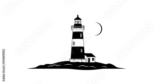 Lighthouse with Moon Coastal Minimal Vector Art

