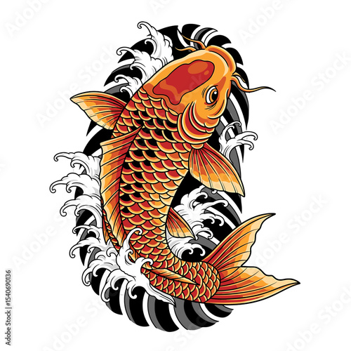 Ornate illustration of a leaping koi fish amidst stylized water waves.