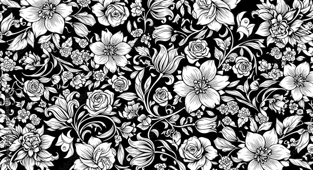Obraz premium Elegant Black and White Floral Pattern Vector Illustration